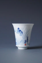 Load image into Gallery viewer, 60ml Qinghua Early Spring Sparrow Jingdezhen Porcelain Teacup by KuangShi 青花匡石手绘麻雀春早杯
