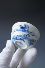 Load image into Gallery viewer, 85ml Qinghua Plum Blossoms and Birds Porcelain Teacup by KuangShi 青花匡石手绘梅花三鸟杯
