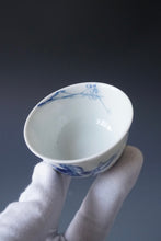 Load image into Gallery viewer, 85ml Qinghua Plum Blossoms and Birds Porcelain Teacup by KuangShi 青花匡石手绘梅花三鸟杯
