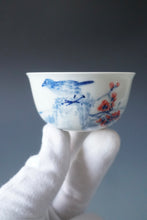 Load image into Gallery viewer, 85ml Qinghua Birds and Flowers Bringing Spring Porcelain Teacup by KuangShi 青花匡石手绘花鸟开春杯

