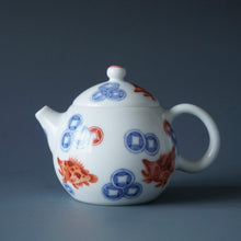Load image into Gallery viewer, Qinghua Fish and Coins Jingdezhen Fine Porcelain Teapot 青花有余龙蛋壶 100ml
