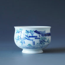 Load image into Gallery viewer, 80ml Qinghua Hometown Courtyard Porcelain Teacup by KuangShi 青花匡石故乡庭院杯
