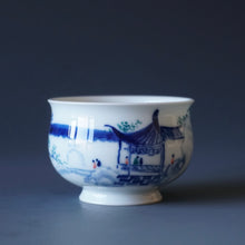 Load image into Gallery viewer, 80ml Qinghua Hometown Courtyard Porcelain Teacup by KuangShi 青花匡石故乡庭院杯
