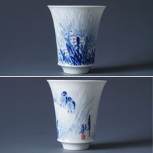 Load image into Gallery viewer, 60ml Qinghua Early Spring Sparrow Jingdezhen Porcelain Teacup by KuangShi 青花匡石手绘麻雀春早杯
