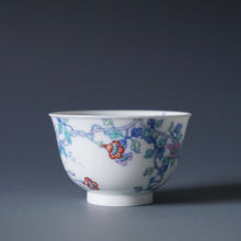 Load image into Gallery viewer, Wood Fired Doucai Morning Glory Jingdezhen Porcelain Teacup 柴窑斗彩牵牛花杯 115ml
