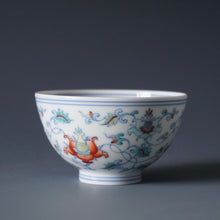 Load image into Gallery viewer, Wood Fired Doucai Lotus Scroll Jingdezhen Porcelain Chicken Heart Teacup 斗彩柴窑缠枝莲鸡心杯 100ml

