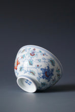 Load image into Gallery viewer, Wood Fired Doucai Lotus Scroll Jingdezhen Porcelain Chicken Heart Teacup 斗彩柴窑缠枝莲鸡心杯 100ml
