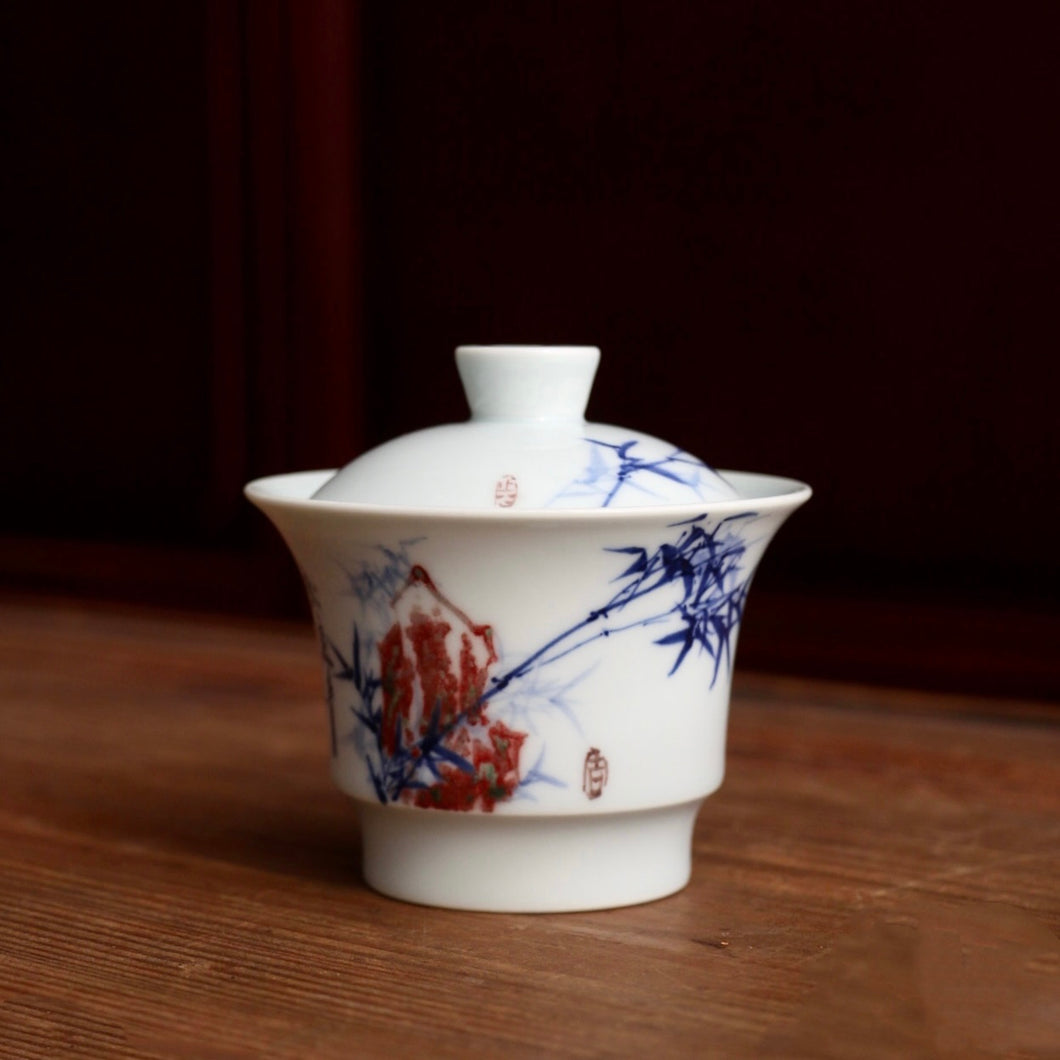 Qinghua Youlihong Jingdezhen Porcelain Gaiwan with Bamboo Motif 青花釉里红盖碗