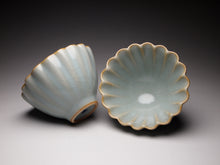 Load image into Gallery viewer, Pair of Matching 50ml Scalloped Azure Ruyao Teacups, 天青汝窑十八瓣对杯
