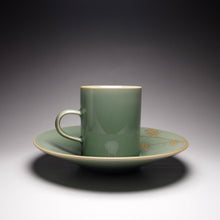 Load image into Gallery viewer, 140ml Celadon Porcelain Coffee Cup and Saucer with Gold Bamboo Motif from Jingdezhen 青瓷手绘描金咖啡杯组
