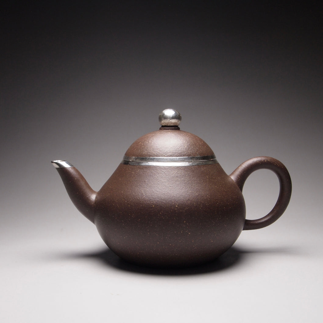 PRE-ORDER: TianQingNi Pear Yixing Teapot with Pure Silver Rim 包银天青泥梨型 150ml