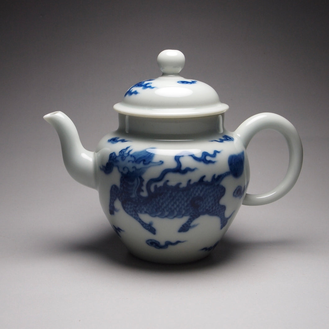 Imperfect Wood Fired Fanggu Jingdezhen Porcelain Teapot with Kirin Motif, 柴窑仿古青花麒麟壶 225ml