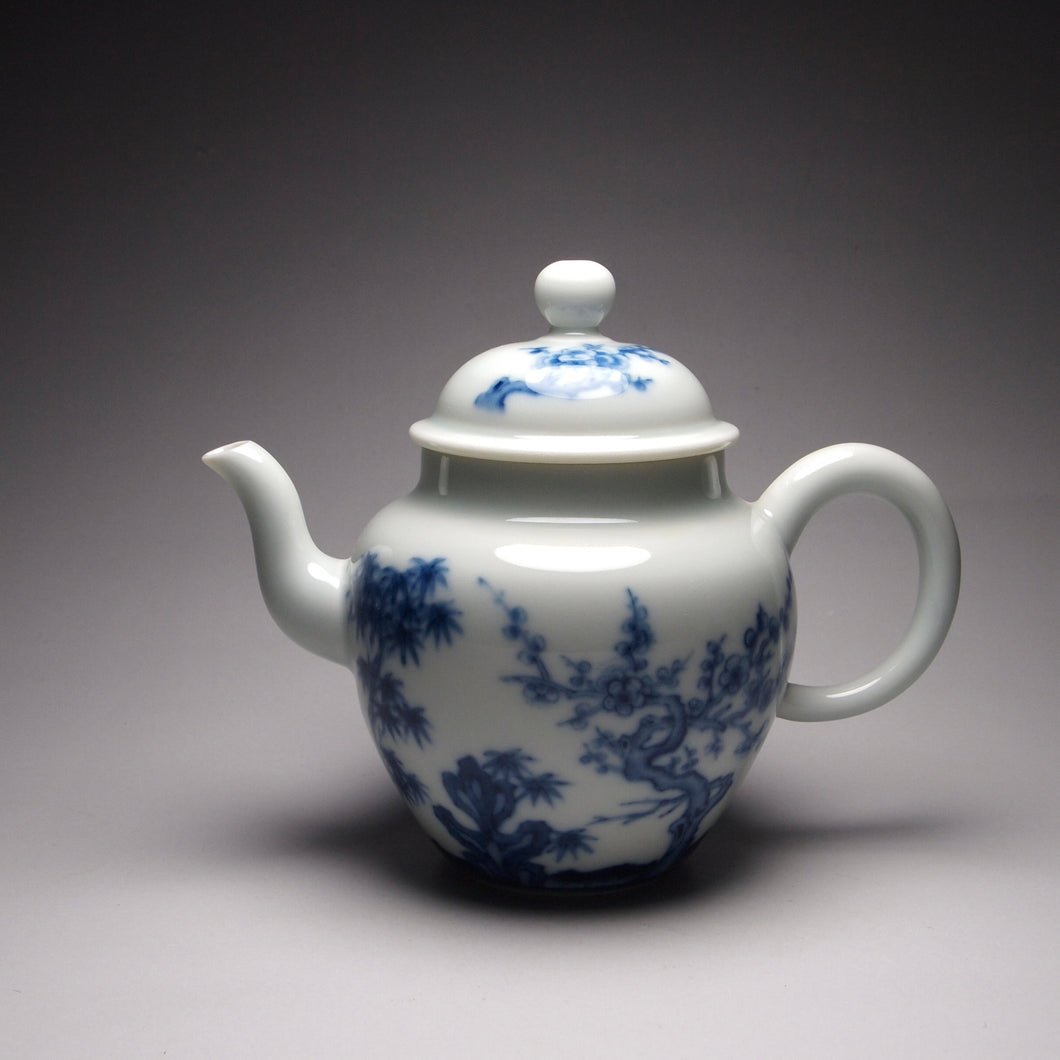 Imperfect Wood Fired Fanggu Jingdezhen Porcelain Teapot with Qinghua Garden Motif, 柴窑仿古青花岁寒三友壶 225ml