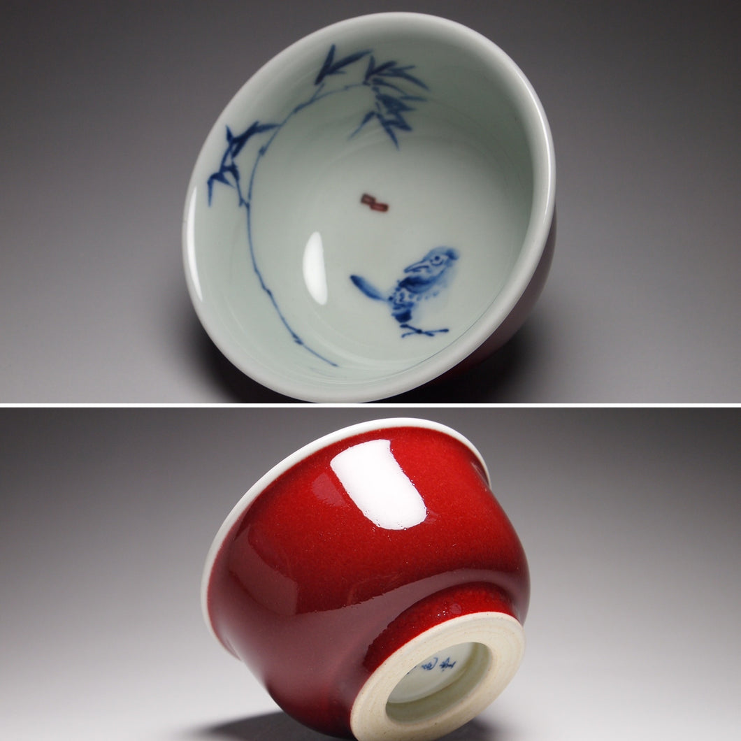 120ml Fanggu Technique Bird and Bamboo Jihong and Qinghua Porcelain Teacup 璟色堂霁红杯