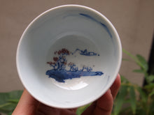 Load image into Gallery viewer, 130ml Fanggu Technique Fisherman Jihong, Youlihong and Qinghua Porcelain Teacup 青花霁红杯
