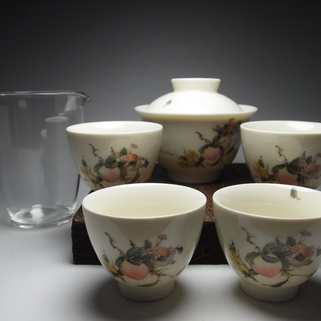 Peaches Painting Youzhongcai Fine Porcelain Tea Set, 釉中彩寿桃套装