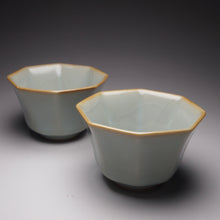 Load image into Gallery viewer, Pair of Matching 90ml Octagon Azure Ruyao Teacups, 天青汝窑八角对杯

