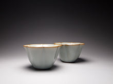 Load image into Gallery viewer, Pair of Matching 50ml Six Lobe Ruyao Teacups, 天青汝窑六瓣花对杯
