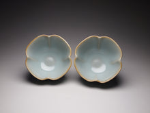 Load image into Gallery viewer, Pair of Matching 50ml Four-Lobed Azure Ruyao Teacups, 天青汝窑四瓣对杯
