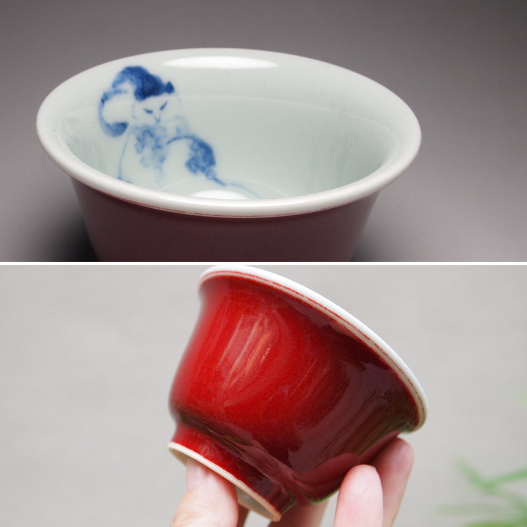 100ml Fanggu Technique Cat and Fish, Jihong and Qinghua Porcelain Teacup 青花霁红杯