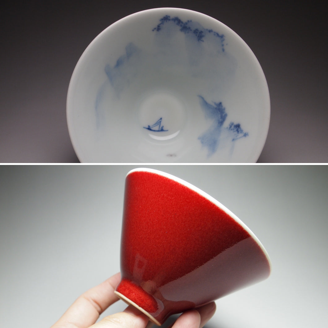 140ml Fanggu Technique Sailboat and Mountains, Jihong and Qinghua Porcelain Douli Teacup 青花霁红杯