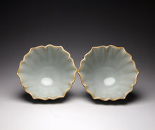 Load image into Gallery viewer, Pair of Matching 50ml Flower Azure Ruyao Teacups, 天青汝窑荷叶边对杯
