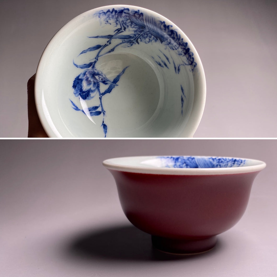 Fanggu Technique Jihong and Qinghua Porcelain Bird and Fish Cup