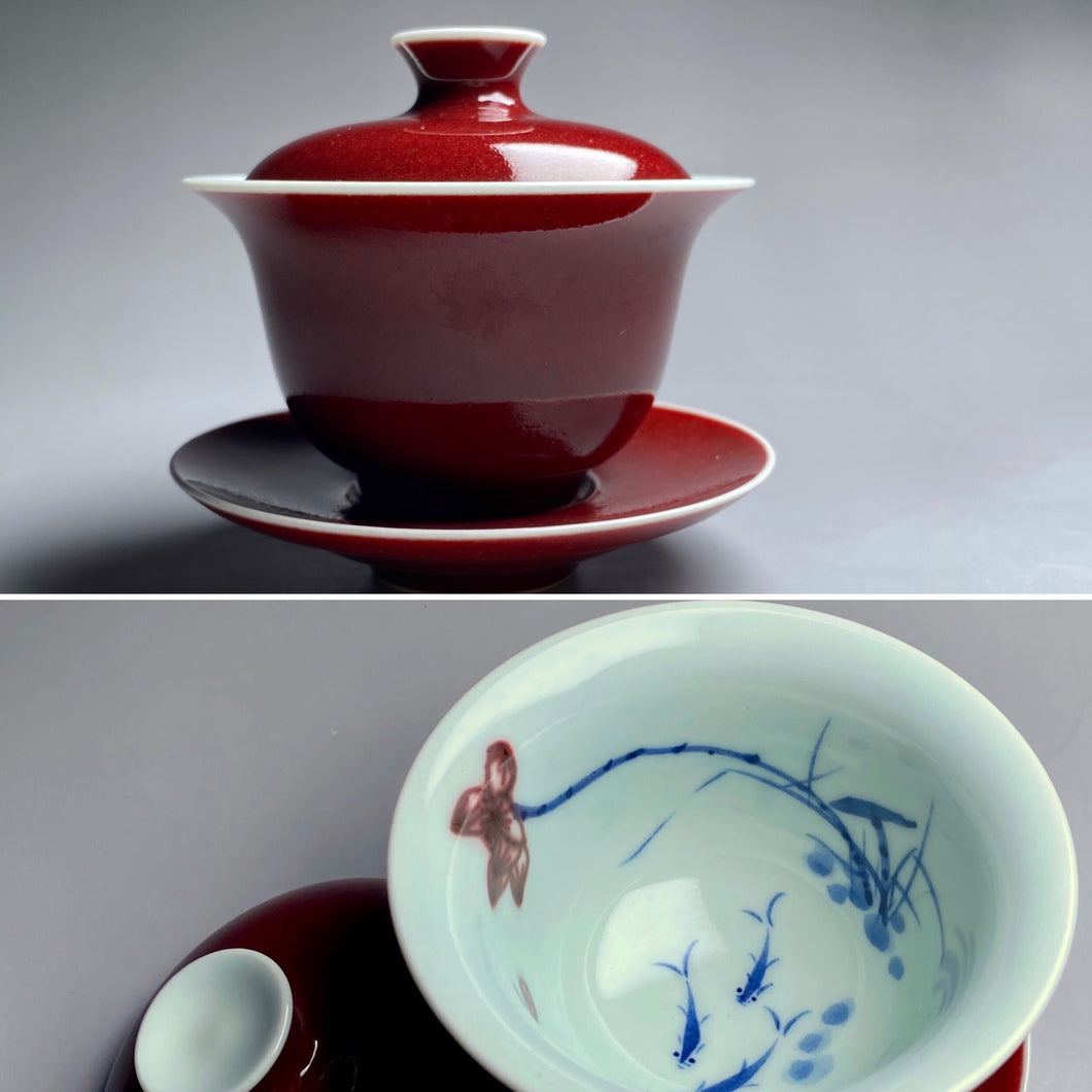 Jihong Glaze Qinghua Youlihong Lotus and Fish Jingdezhen Porcelain Gaiwan