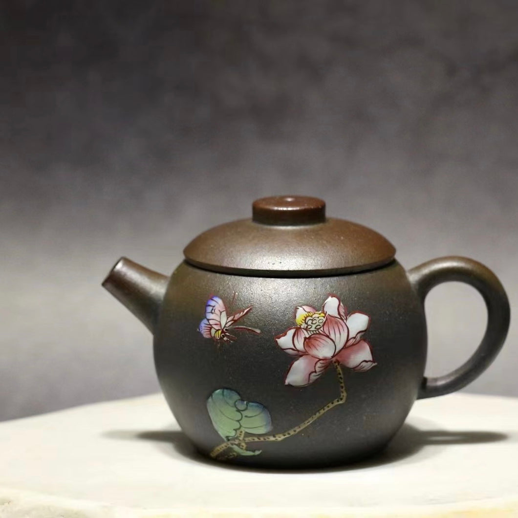 Wood Fired Julunzhu Dicaoqing Yixing Teapot with Diancai Painting 点彩柴烧底槽青巨轮珠, 150ml