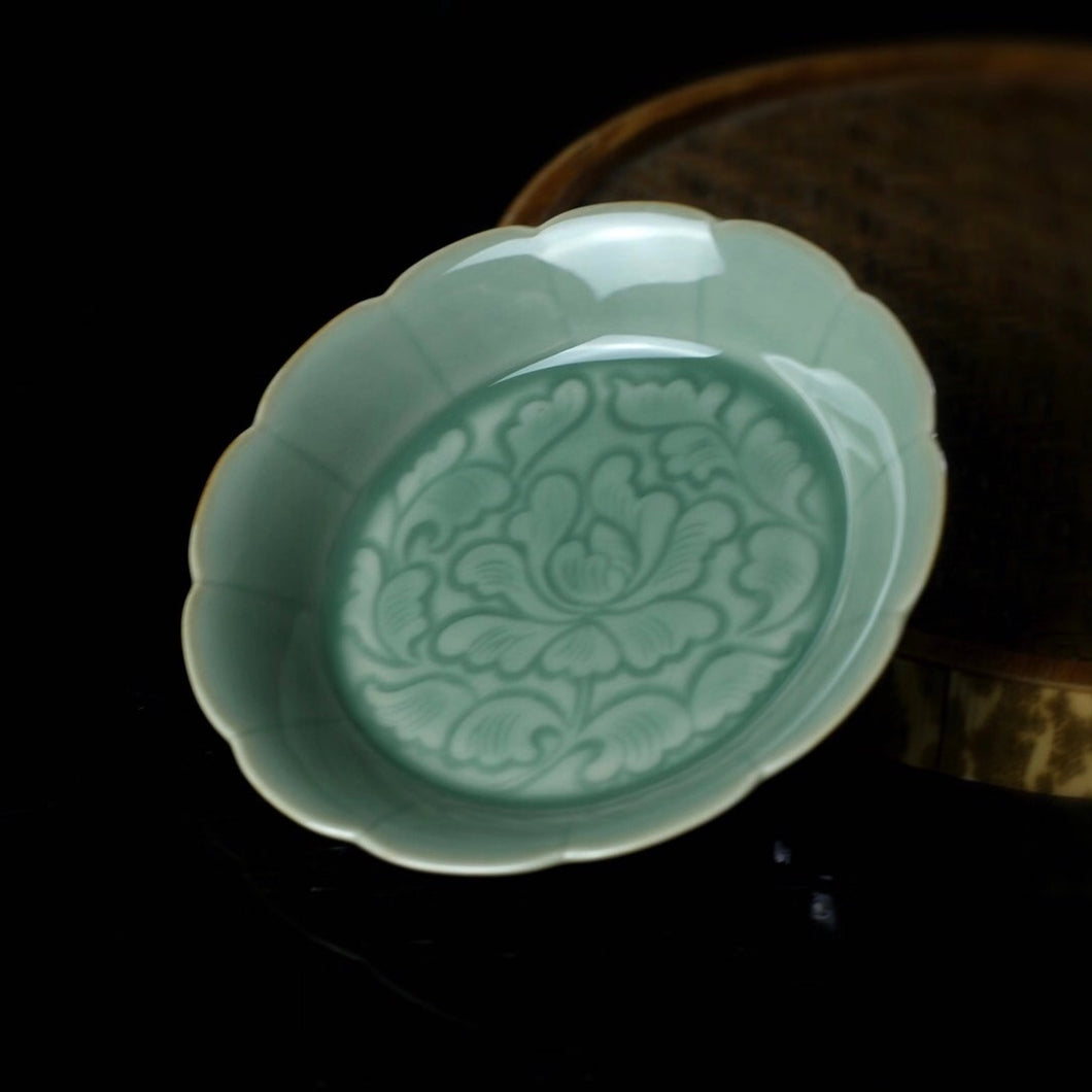 Celadon Porcelain Saucer with Peony Motif for Teapot or Gaiwan from Jingdezhen
