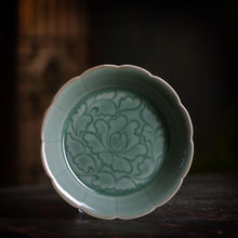 Load image into Gallery viewer, Celadon Porcelain Saucer with Peony Motif for Teapot or Gaiwan from Jingdezhen
