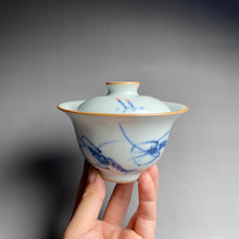Load image into Gallery viewer, Qinghua Shrimp Motif on Moon White Ruyao Wide Gaiwan 汝窑月白青花国画虾图盖碗
