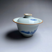 Load image into Gallery viewer, Qinghua Tall Mountains on Moon White Ruyao Gaiwan 汝窑月白青花国画山水盖碗
