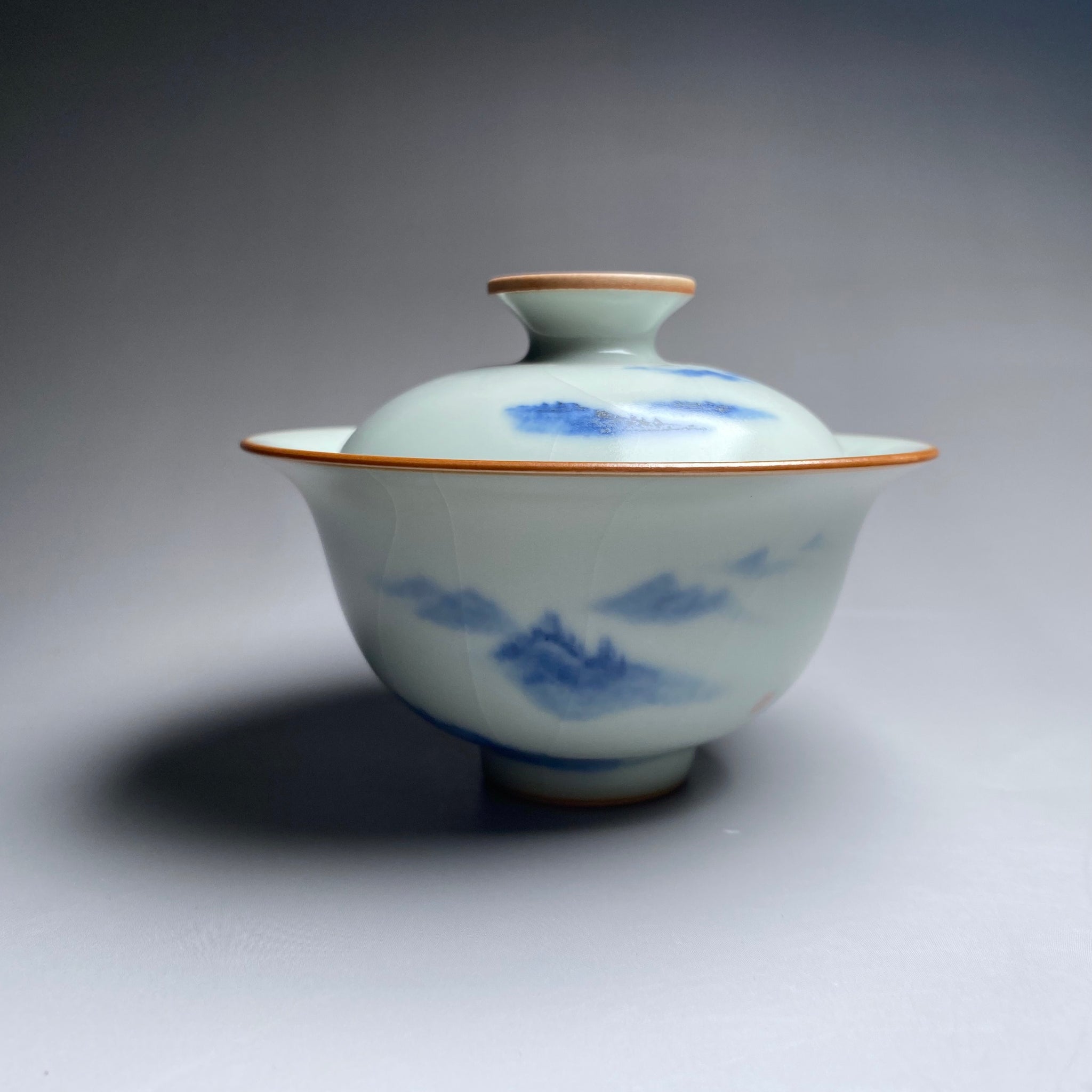 Qinghua Mountains on Moon White Ruyao Gaiwan 汝窑月白青花