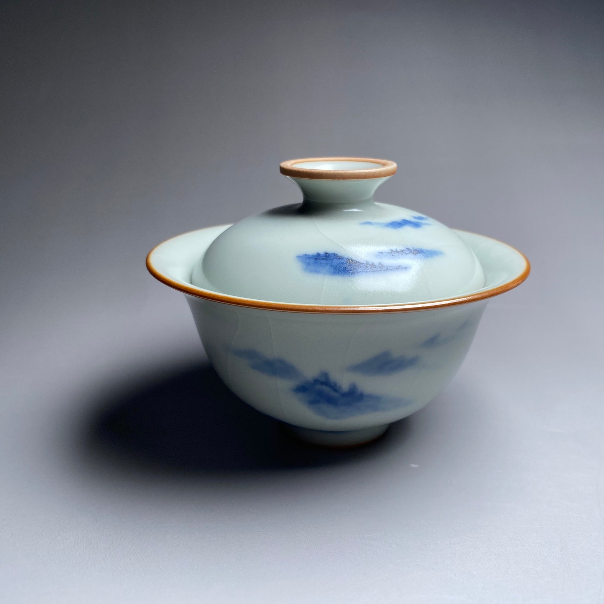 Qinghua Mountains on Moon White Ruyao Gaiwan 汝窑月白青花国画山水盖碗