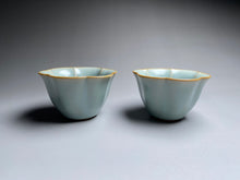 Load image into Gallery viewer, Pair of Matching 30ml Six Lobed Ruyao Sky Blue Teacups, 天青汝窑茶杯
