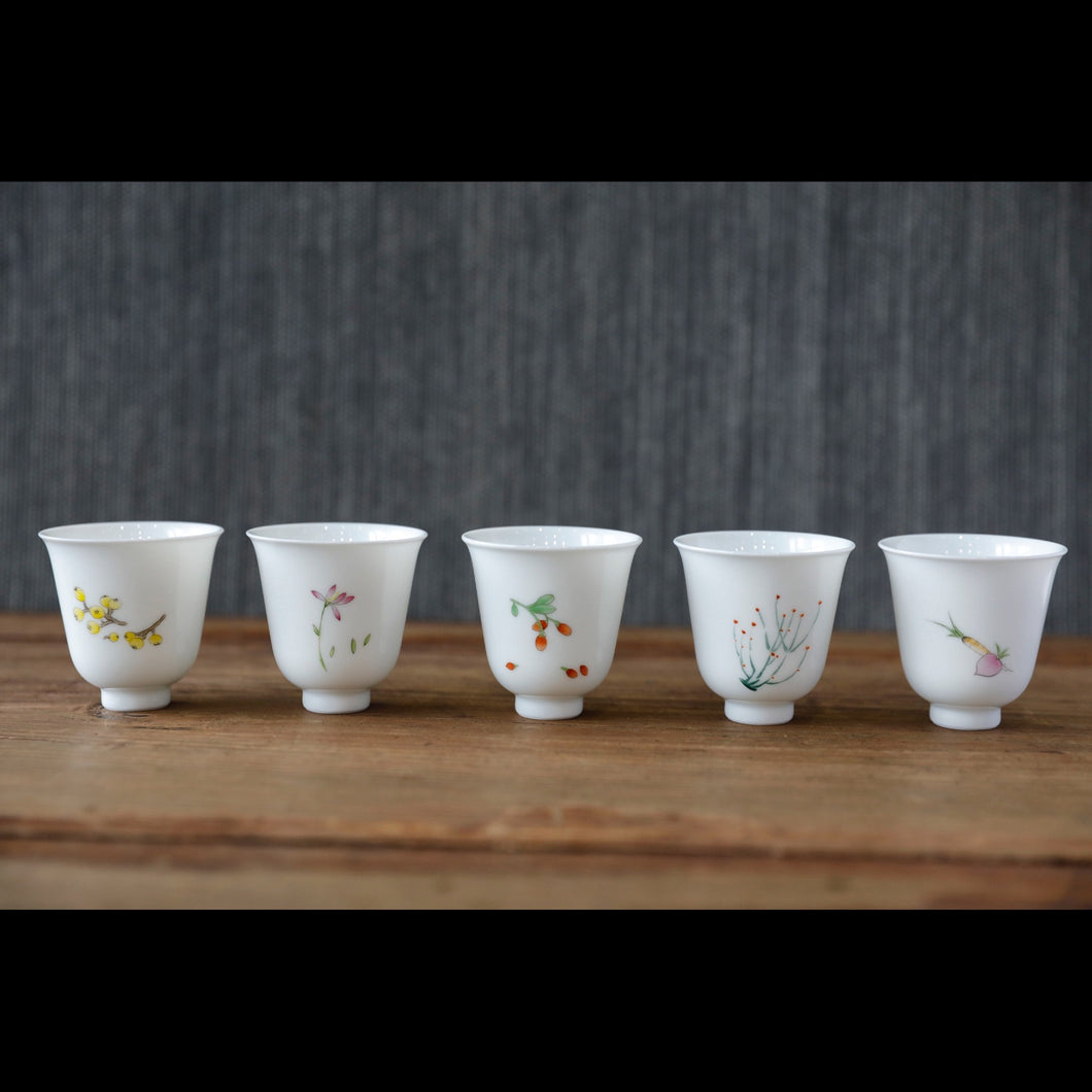 Fencai Porcelain Chinese Medicine Plants 5 Teacup Set from Jingdezhen, 本草集五杯组