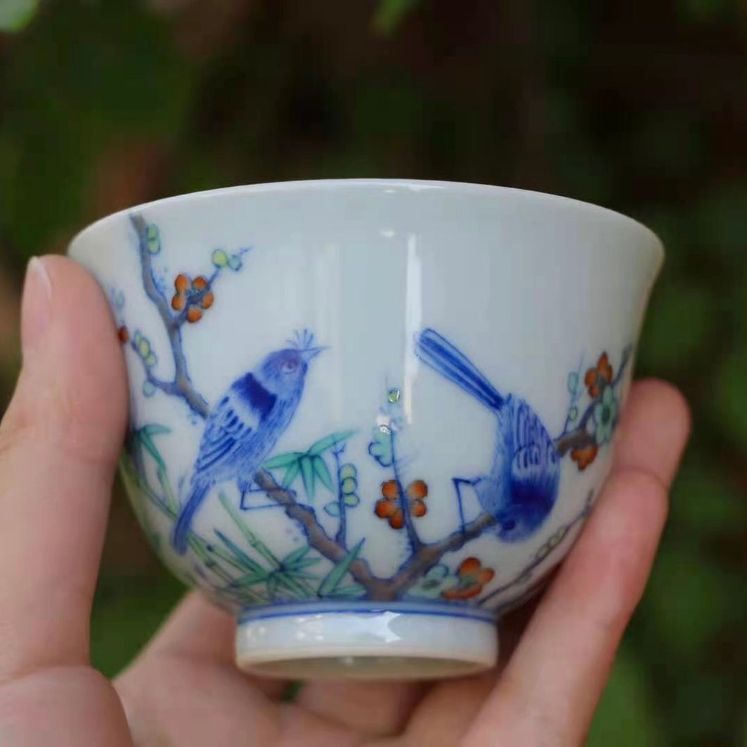 Birds and Flowers Doucai Jingdezhen Porcelain Teacup, 喜上眉梢斗彩杯，100ml