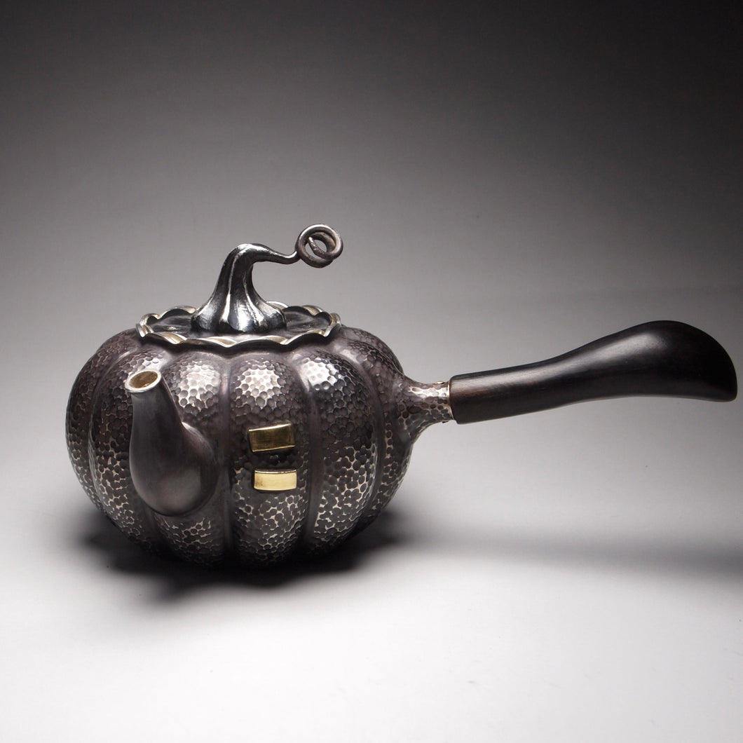 999 Pure Silver Handmade Pumpkin Side Handle Teapot, 全手工纯银999南瓜侧把壶, 300ml