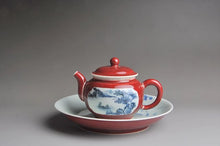 Load image into Gallery viewer, 266ml Jihong glaze Blue-and-White pattern handmade porcelain Window Opening TeaPot Fanggu Technique
