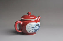 Load image into Gallery viewer, 266ml Jihong glaze Blue-and-White pattern handmade porcelain Window Opening TeaPot Fanggu Technique
