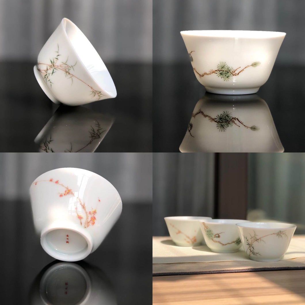 youzhongcai Pines Bamboo and Plum Blossoms Jingdezhen Porcelain 3 Teacup Set