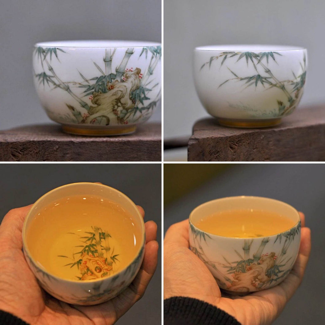 140ml Large Bamboo Painting Gold Ring Jingdezhen Porcelain Luohan Cup