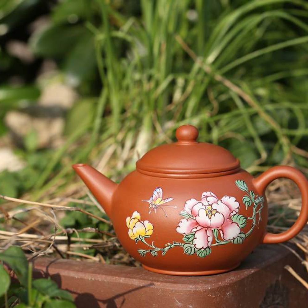 Zhuni 朱泥 Shuiping Yixing Teapot with Diancai Painting, 145ml
