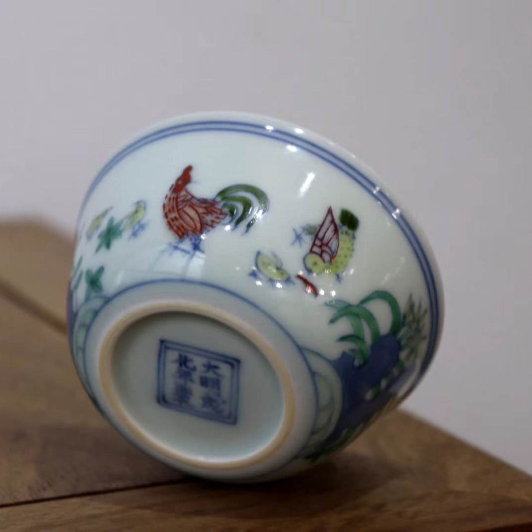 Wood Fired Jingdezhen Porcelain Doucai Meiyintang Chicken Tea Cup 柴烧斗彩鸡缸杯, 95ml