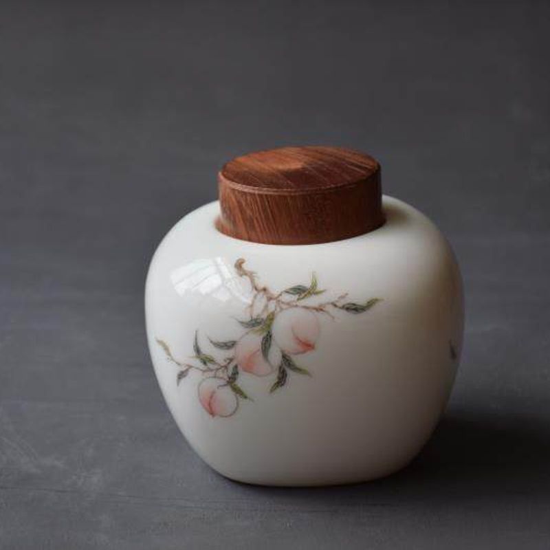 Peaches Motif Large Blanc de Chine Porcelain Tea Caddy (Wooden Lid), 600ml