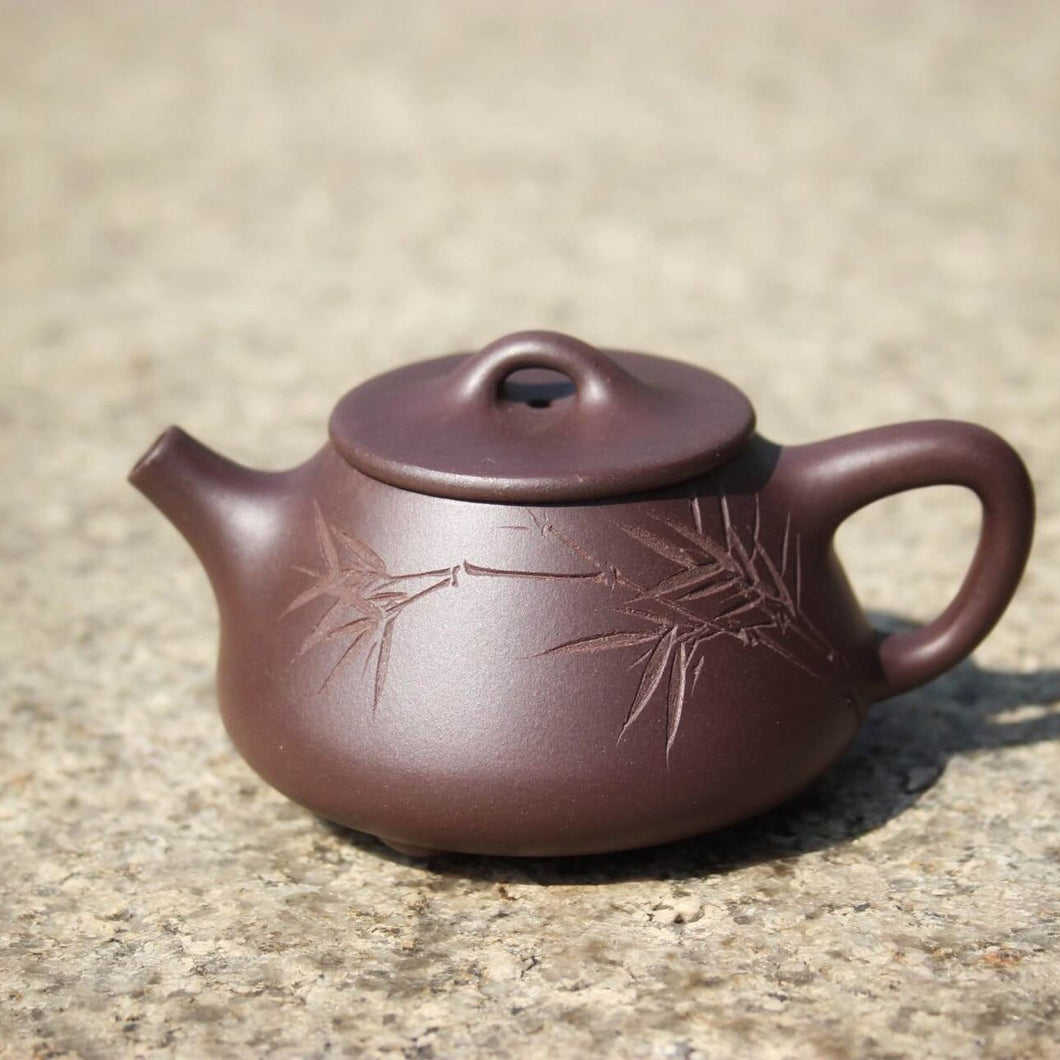 Dicaoqing 底槽青 Shipiao Yixing Teapot with Carvings of Bamboo and 竹报平安, 115ml