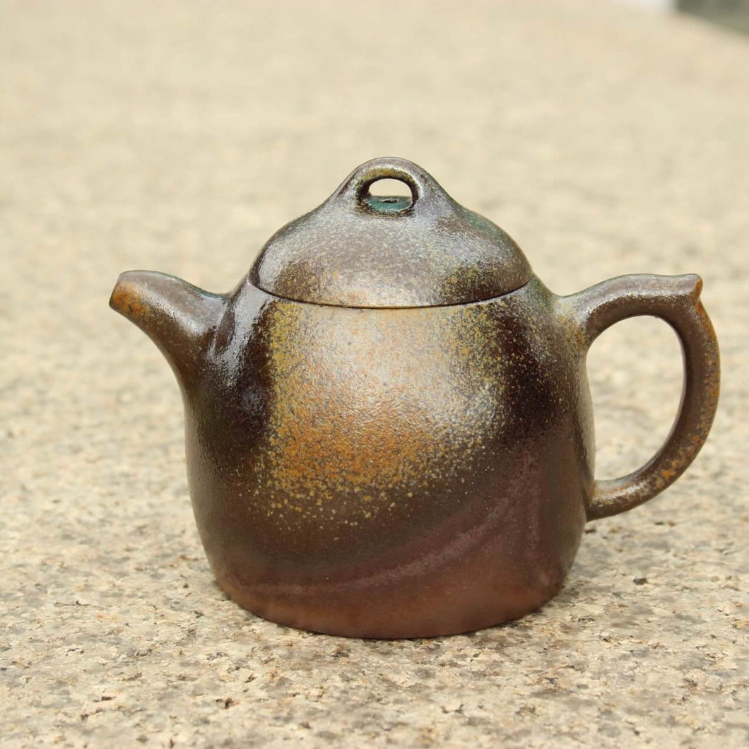 Wood Fired Qinquan Shape Yixing Teapot, Dicaoqing clay, 柴烧底槽青秦权壶，200ml