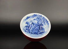 Load image into Gallery viewer, 125ml  Jihong Glaze Qinghua Porcelain The World in a Cup, Liuhe Teacup 青花霁红国画杯
