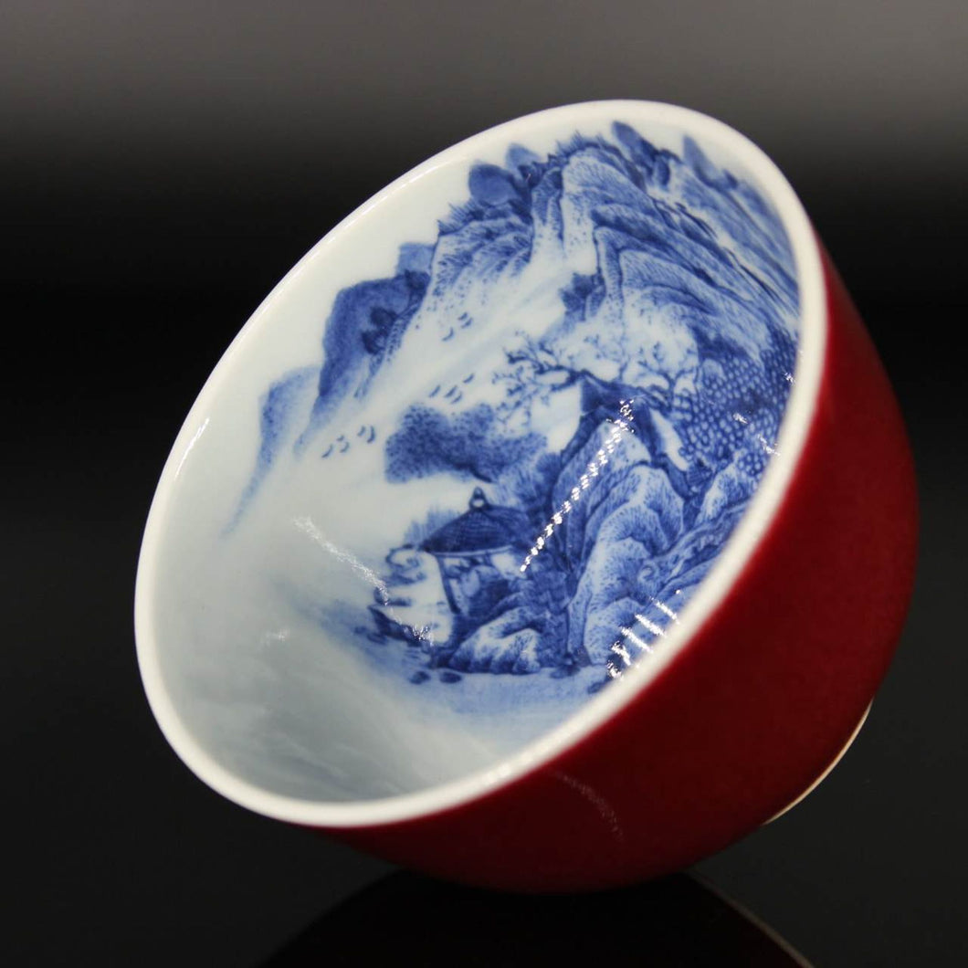 125ml  Jihong Glaze Qinghua Porcelain The World in a Cup, Liuhe Teacup 青花霁红国画杯
